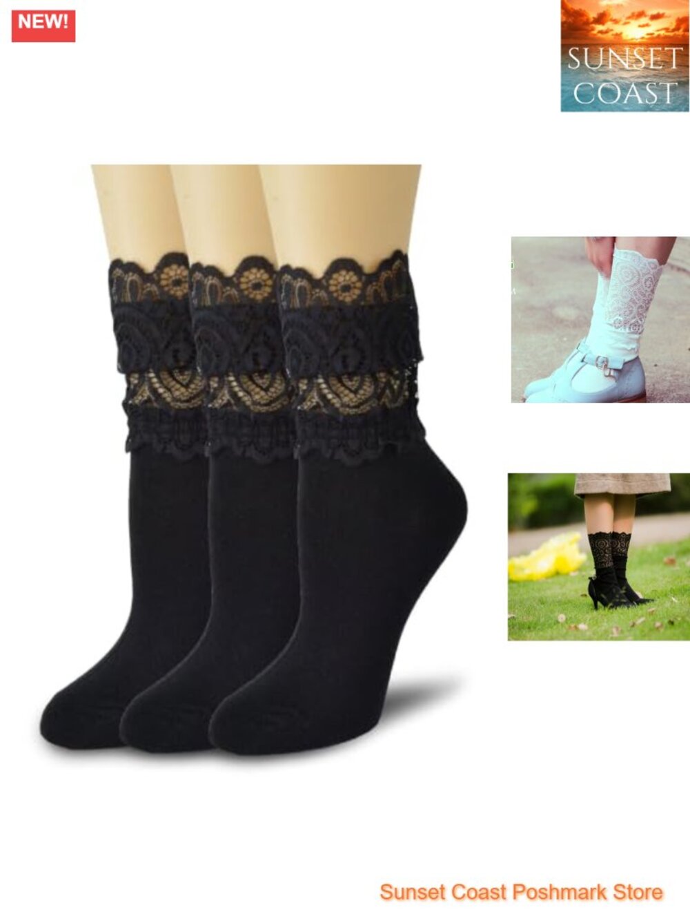 Women's Lace Ruffle Ankle Socks 3 Pairs Cotton Mesh Dress Socks